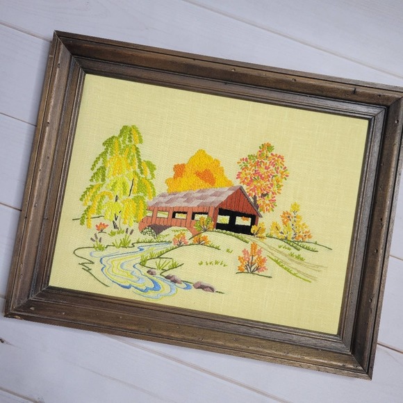 Handmade Other - Vintage 70s Framed Crewel Embroidery Wall Art - 15"x19"